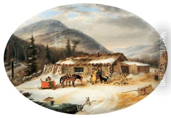 Return From Market; French Canadians, Loghouse And Clearing On The St. Maurice Oil Painting - Cornelius David Krieghoff