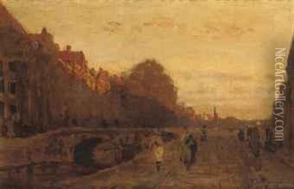 Het Spui Zonsondergang: The Spui At Sunset, The Hague Oil Painting - Julius Jacobus Van De Sande Bakhuyzen