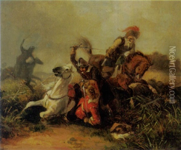 Historismus-reiterschlacht An Einem Herbstlichen Tag Oil Painting - Julius Noerr