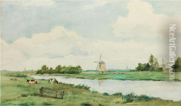 Polderlandschaft Mit Windmuhlen Und Kuhen An Einem Flussufer Oil Painting - Edmond Modave