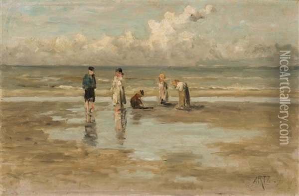 Children At The Beach Oil Painting - David Adolf Constant Artz