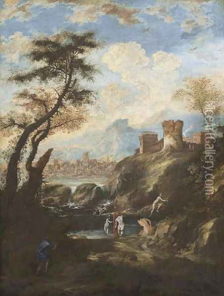 A mountainous river landscape with Diana and Actaeon Oil Painting - Antonio Marini