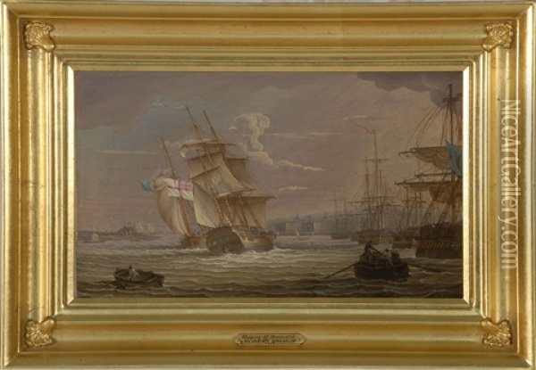 Shipping Off Greenwich, Depicting An Active Harbor View With Greenwich In The Distance Oil Painting - Robert Salmon