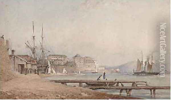 A paddlesteamer lying off Corfu before the Palace Oil Painting - John Connell Ogle