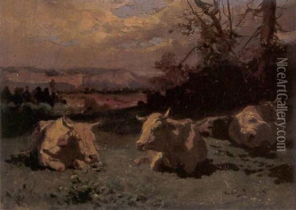 Cows Grazing In A Landscape Oil Painting - Rosa Bonheur