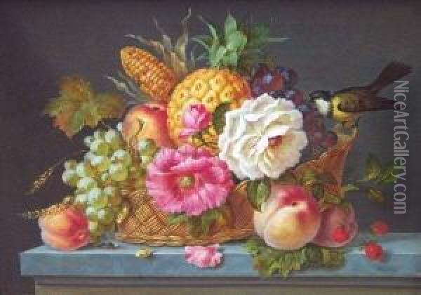 Stilleben Mit Blumen, Fruchten, Vogel Und Insekt Oil Painting - Julius Gunther