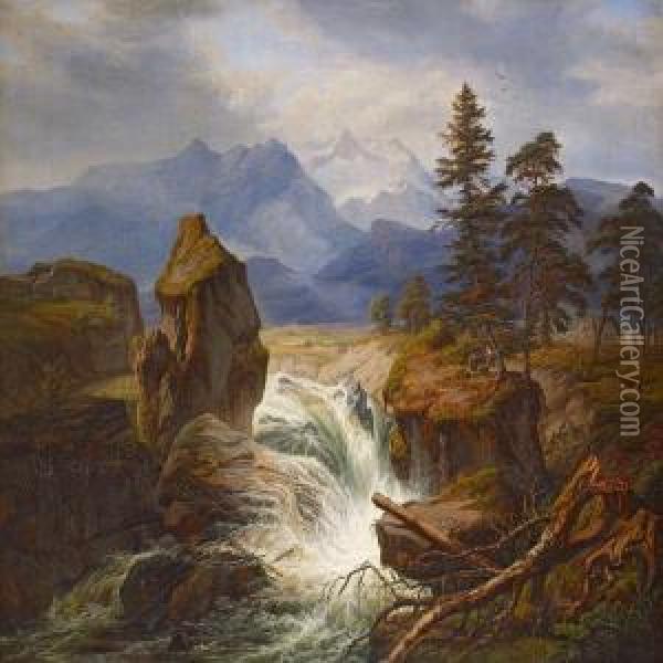 Scenery With Waterfall Oil Painting - Frederik Sodring