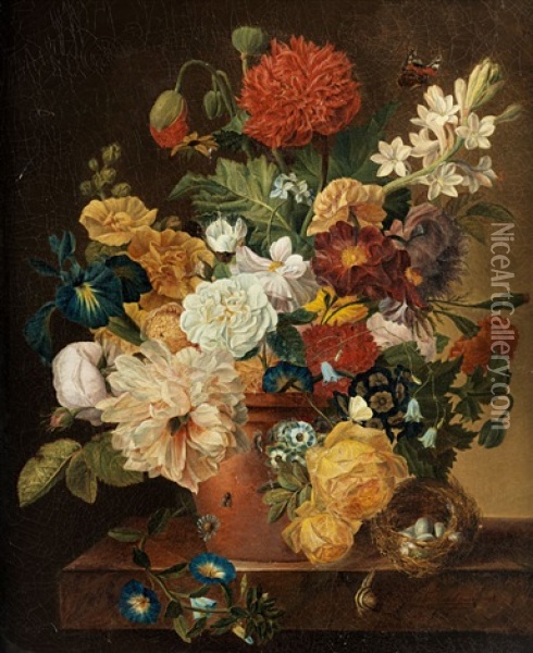 Blumenstillleben Mit Vogelnest Oil Painting - Gerard Van Spaendonck