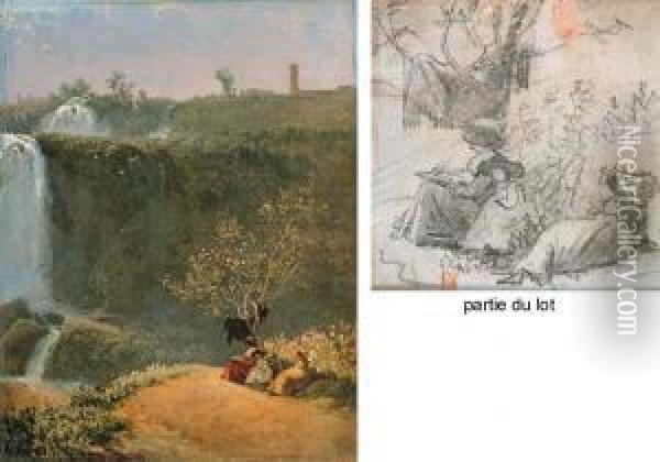 Elisabeth Louise Vigee-lebrun Dessinant La Cascade De Tivoli Oil Painting - Simon-Joseph-Alexandre-Clement Denis