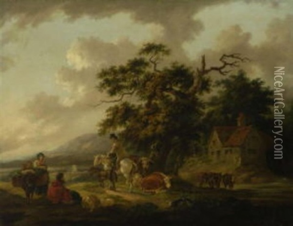 Rastende Bauern Mit Vieh Bei Einem Bauernhaus Am Waldesrand Oil Painting - Julius Caesar Ibbetson