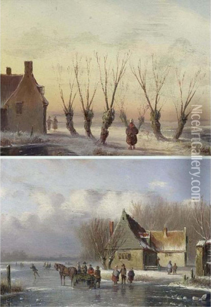 Figures With A Horse And Sledge On The Ice; Figures In A Winter Landscape (a Pair) Oil Painting - Carl Eduard Ahrendts