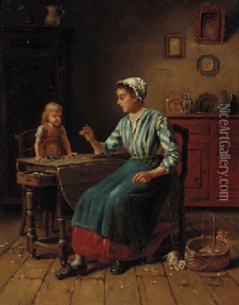 A Woman Amusing Her Daughter Oil Painting - Charles Petit