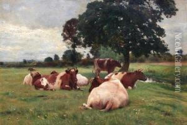 Landscape And Cattle Oil Painting - Otto Weber