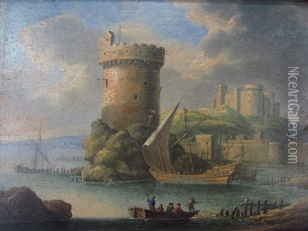 Castle On Bay With Ships And Figures Oil Painting - Pierre Francois Ledoulx