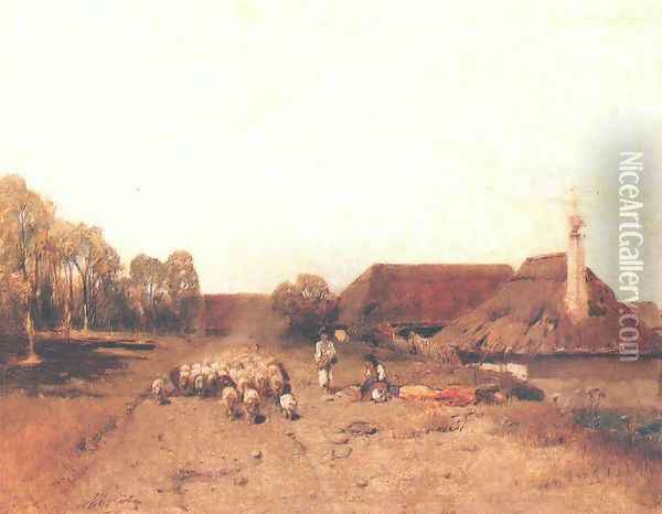 Flock of Sheep c. 1883 Oil Painting - Geza Meszoly