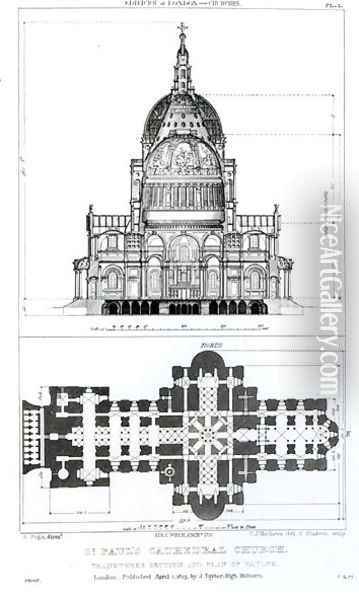 Cross section of St. Pauls Cathedral and plan of the vaults, engraved by C. J. Mathews and G. Gladwin, published in 1823 Oil Painting - Augustus Charles Pugin