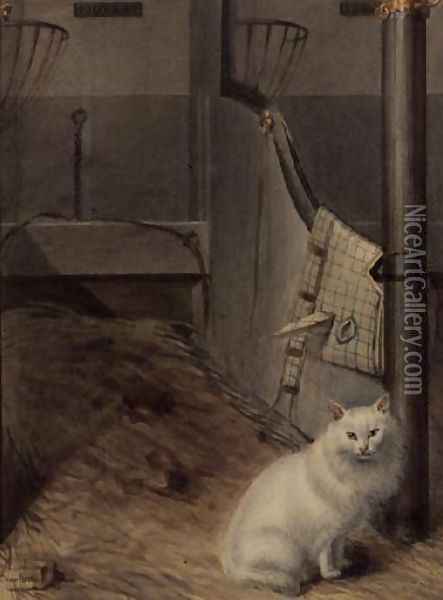 White Persian Cat in a Stable Oil Painting - Lady Charlotte Schreiber