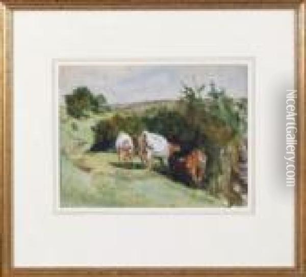 Cows In A Summer Meadow. Oil Painting - Robert Jobling