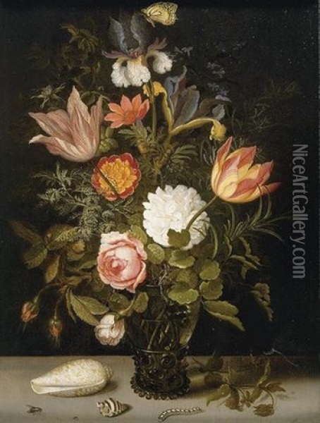 Still Life Of Roses And Tulips, Irises, An African Marigold And Other Flowers In A Roemer Resting On A Ledge With Two Shells, A Butterfly And Other Insects Oil Painting - Balthasar Van Der Ast