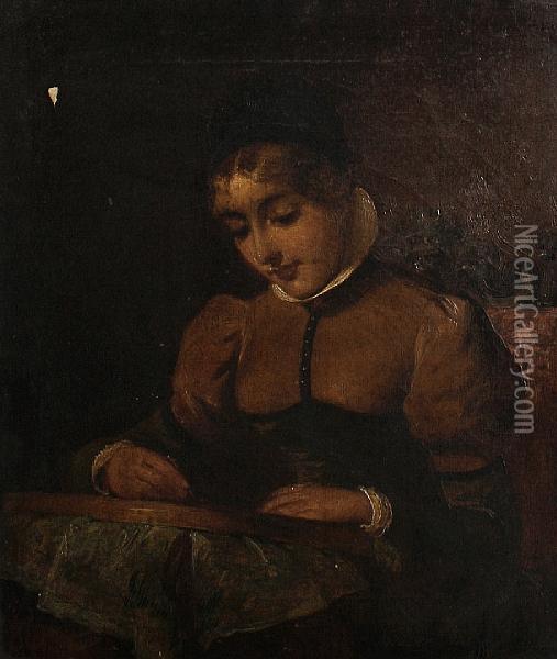 Portrait Of A Girl At Her Needlework Oil Painting - Jane Maria Bowkett