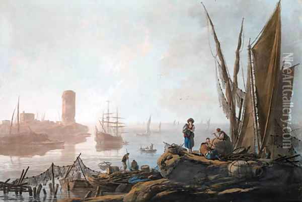 View of the River Tagus with fisherfolk on the shore, numerous vessels and an island with a tower beyond Oil Painting - Jean-Baptiste Pillement