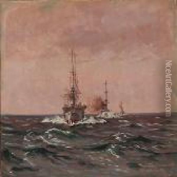 Seascape Fromt The Baltic Sea With Warships Oil Painting - Vilhelm Karl Ferd. Arnesen