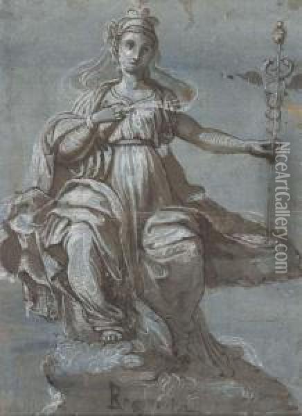 An Allegory Of Rhetoric Holding A Caduceus Oil Painting - Perino del Vaga (Pietro Bonaccors)