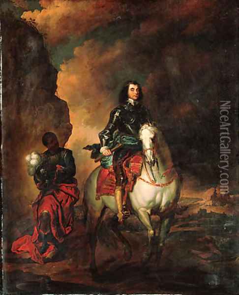 Equestrian portrait of a nobleman, small-full-length, in armour with a blue sash, a marshal's baton in his right hand, his page holding his helm Oil Painting - Sir Anthony Van Dyck