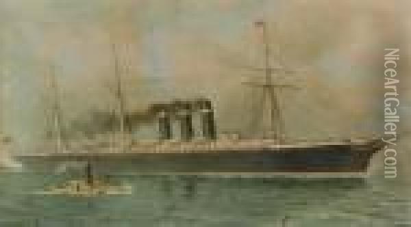 The City Of New York Under Tug Escort Leaving New York Harbor Oil Painting - Fred Pansing
