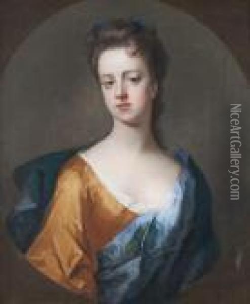 Portrait Of A Lady, Said To Be 
Lady Hunsdon, Half-length, In A Gold Dress, A White Chemise And A Blue 
Shawl, Within A Painted Oval Oil Painting - Michael Dahl
