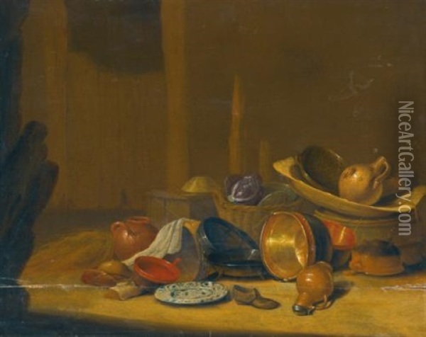 A Barn Interior With Cabbages In A Basket, A Strainer And A Westerwald Stoneware Jug In A Wooden Washing Tub On A Barrel With Copper Buckets, Pots And Pans, A Jug, A Shoe And A Chinese Plate Nearby Oil Painting - Pieter van Steenwijck