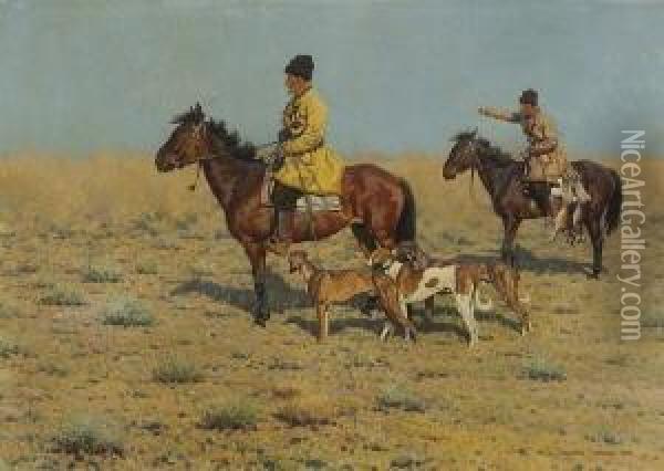 Zwei Steppenreiter Mit
 Jagdhunden. Oil Painting - Hugo Ungewitter