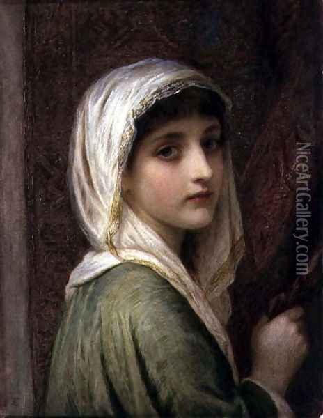 Girl in a white and gold headscarf Oil Painting - Edward Tayler