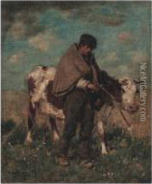 Herding The Cow Oil Painting - Thomas Austen Brown