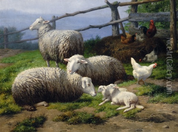 Sheep, Kids & Chickens In A Farm Yard Oil Painting - Eugene Remy Maes
