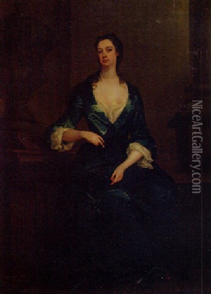 Portrait Fo Mrs Harrison Seated By A Sculptured Urn, On A Terrace Oil Painting - Charles Jervas