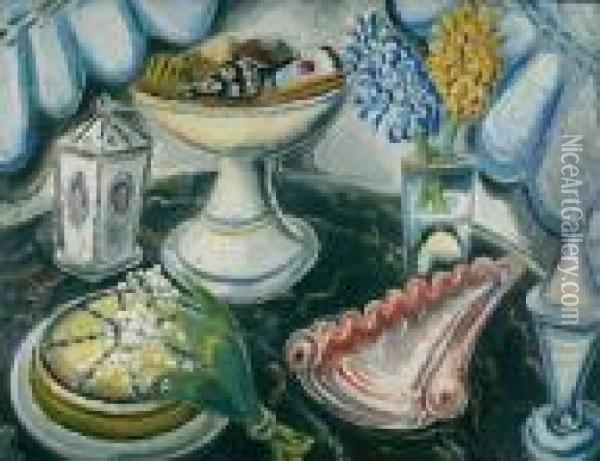 Stillleben Mit Muschel, Blumen Und Kuchen. Oil Painting - Paul Kleinschmidt