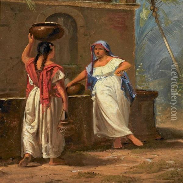 To Italienske Kvinder Ved Enfontaene Oil Painting - Frederik Mayer Visby