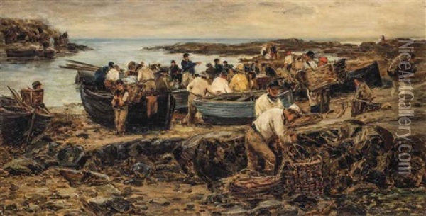 Fishermen On A Beach Unloading Their Catch Oil Painting - David Farquharson