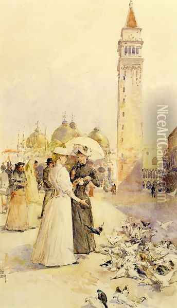 Feeding Pigeons in the Piazza Oil Painting - Frederick Childe Hassam