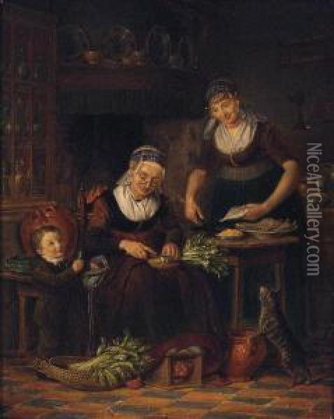Women Preparing A Meal In A Parlour By A Young Boy And A Cat Oil Painting - Johanus Petrus Van Horstok