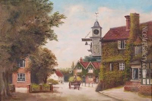 Abinger Hammer, Nr. Dorking; Village Cross, Garsington, Nr. Oxford Oil Painting - J. Lewis