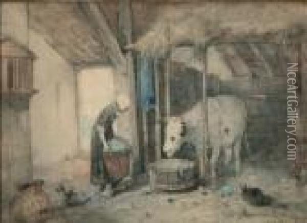Stalinterieur Met Boerin En Koe Oil Painting - Anton Mauve