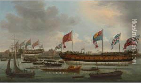 Launch Of The Man-of-war Edgar, Deptford Oil Painting - John the Younger Cleveley