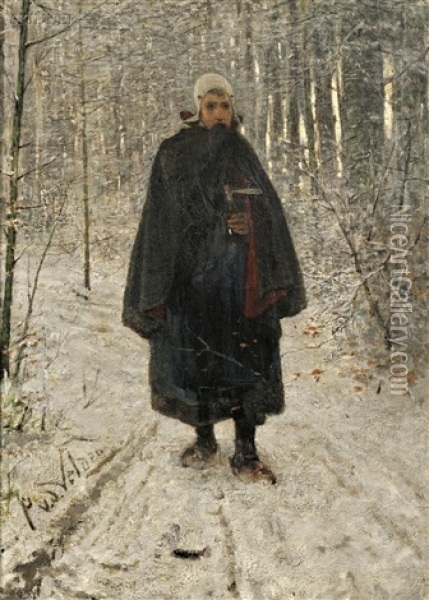 Solitary Figure On A Snowy Path Oil Painting - Paulus Petrus van der Velden