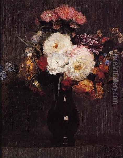 Dahlias, Queens Daisies, Roses and Corn Flowers Oil Painting - Ignace Henri Jean Fantin-Latour