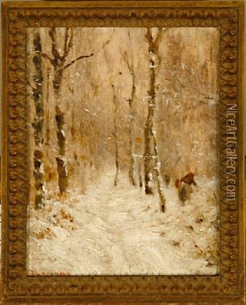 Winter Landscape With A Woman Gathering Firewood In Forrest Oil Painting - Anton Romako