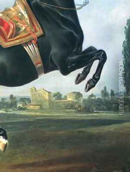 A black horse performing the Courbette Oil Painting - Johann Georg Hamilton