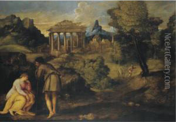 Landscape With Figures, Possibly The Journey To Bethlehem Oil Painting - Battista Franco