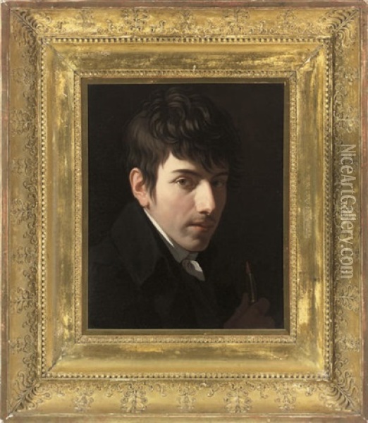 Portrait Of Andre Feer, In A Black Coat With A White Cravat, A Paintbrush In His Right Hand Oil Painting - Gabriel Constant Vaucher